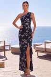 One Shoulder Floral Black Long Formal With Slit
