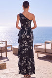 One Shoulder Floral Black Long Formal With Slit