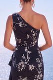 One Shoulder Floral Black Long Formal With Slit