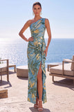 One Shoulder Floral Black Long Formal With Slit