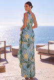 One Shoulder Floral Black Long Formal With Slit