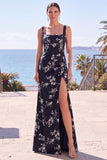 Floral Square Neck Black Long Formal Dress With Slit