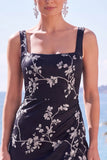 Floral Square Neck Black Long Formal Dress With Slit