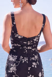 Floral Square Neck Black Long Formal Dress With Slit