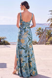 Floral Square Neck Black Long Formal Dress With Slit