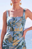 Floral Square Neck Black Long Formal Dress With Slit