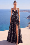 Floral A Line Black Long Prom Dress With Slit