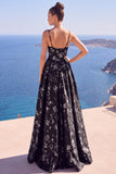 Floral A Line Black Long Prom Dress With Slit