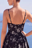 Floral A Line Black Long Prom Dress With Slit