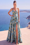 Floral A Line Black Long Prom Dress With Slit