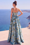 Floral A Line Black Long Prom Dress With Slit