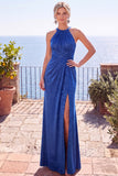 Halter Burgundy Cut Out Long Formal Dress With Slit
