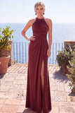 Halter Burgundy Cut Out Long Formal Dress With Slit