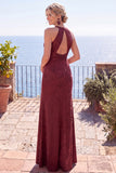 Halter Burgundy Cut Out Long Formal Dress With Slit