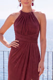 Halter Burgundy Cut Out Long Formal Dress With Slit