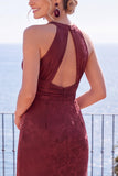 Halter Burgundy Cut Out Long Formal Dress With Slit