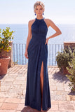 Halter Burgundy Cut Out Long Formal Dress With Slit