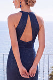 Halter Burgundy Cut Out Long Formal Dress With Slit