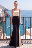 Square Neck Mermaid Black Champagne Long Formal Dress