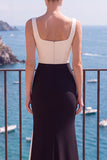 Square Neck Mermaid Black Champagne Long Formal Dress
