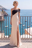 One Shoulder Mermaid Champagne Long Formal Dress With Slit