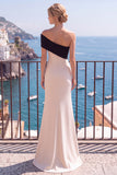 One Shoulder Mermaid Champagne Long Formal Dress With Slit