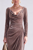 Dark Green Sheath Midi Velvet Dress With Long Sleeves