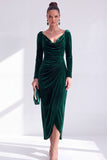 Dark Green Sheath Midi Velvet Dress With Long Sleeves