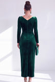 Dark Green Sheath Midi Velvet Dress With Long Sleeves