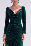Dark Green Sheath Midi Velvet Dress With Long Sleeves