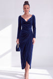 Dark Green Sheath Midi Velvet Dress With Long Sleeves