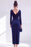 Dark Green Sheath Midi Velvet Dress With Long Sleeves