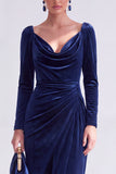Dark Green Sheath Midi Velvet Dress With Long Sleeves
