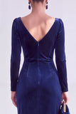 Dark Green Sheath Midi Velvet Dress With Long Sleeves