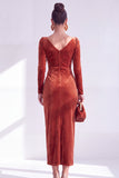 Dark Green Sheath Midi Velvet Dress With Long Sleeves