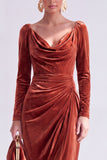 Dark Green Sheath Midi Velvet Dress With Long Sleeves