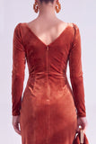 Dark Green Sheath Midi Velvet Dress With Long Sleeves