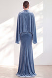 Mermaid Coffee Beaded Maxi Velvet Dress With Long Sleeves