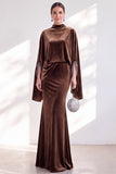 Mermaid Coffee Beaded Maxi Velvet Dress With Long Sleeves