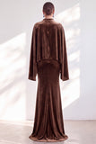 Mermaid Coffee Beaded Maxi Velvet Dress With Long Sleeves