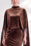 Mermaid Coffee Beaded Maxi Velvet Dress With Long Sleeves