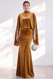 Mermaid Coffee Beaded Maxi Velvet Dress With Long Sleeves