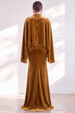 Mermaid Coffee Beaded Maxi Velvet Dress With Long Sleeves