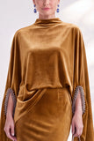 Mermaid Coffee Beaded Maxi Velvet Dress With Long Sleeves