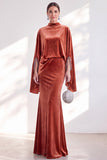 Mermaid Coffee Beaded Maxi Velvet Dress With Long Sleeves