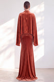 Mermaid Coffee Beaded Maxi Velvet Dress With Long Sleeves