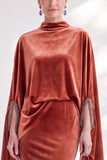 Mermaid Coffee Beaded Maxi Velvet Dress With Long Sleeves