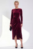 Navy Sheath Midi Velvet Dress With Long Sleeves