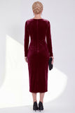Navy Sheath Midi Velvet Dress With Long Sleeves