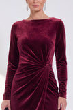 Navy Sheath Midi Velvet Dress With Long Sleeves